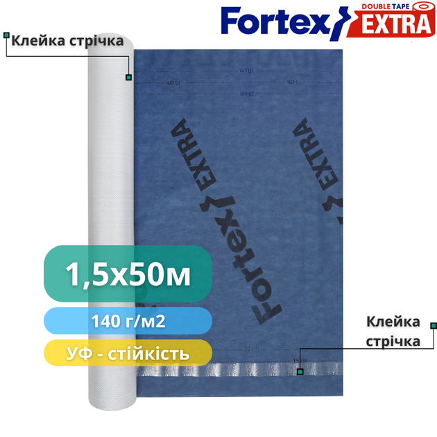 Диффузионная мембрана Fortex Extra + 2 Tape, 1,5х50 м, 75 м2, синяя/белая, 140 г/м2 - изображение 3