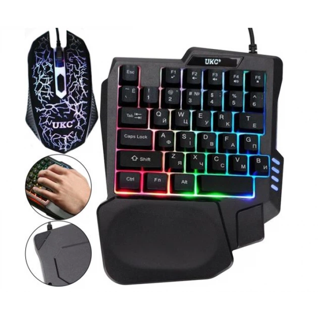 Игровой комплект одноручная клавиатура и мышь 2в1 с RGB подсветкой UKC 7768 Черный - изображение 2