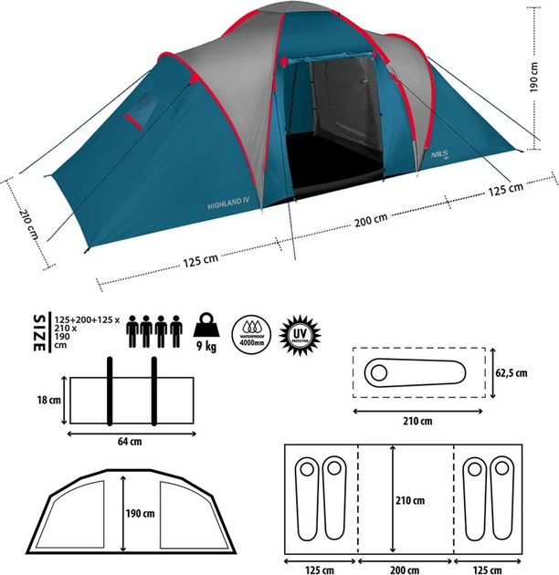 Намет Nils Camp Highland IV кемпінговий NC6431 Blue-Light Grey (5908261680717) - зображення 6