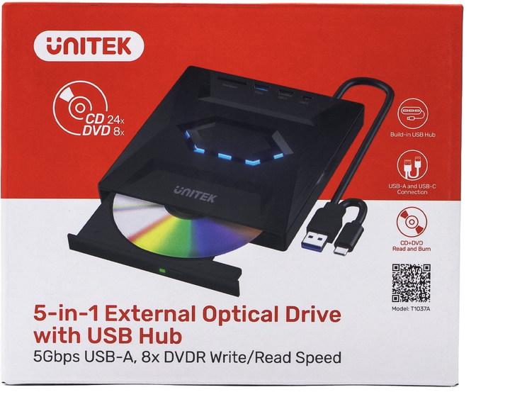 DVD-плеєр Unitek External DVD/CD Recorder, 5Gbps USB Hub, SD Card Reader (T1037A01) - зображення 4