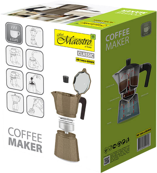 Гейзерная кофеварка Maestro Espresso Moka Алюминиевая Brown 300 мл (MR-1666-6-BROWN) - Фото 6 Гейзерная кофеварка Maestro Espresso Moka Алюминиевая Brown 300 мл (MR-1666-6-BROWN) - изображение 6