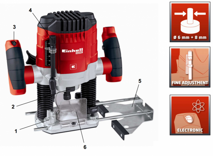 Электрический ручной столярный фрезер по дереву Einhell TC-RO 1155 E 1100 Вт 6-8 цанга, 30000 об/мин, электрофрезер (4350470) - Фото 3 Электрический ручной столярный фрезер по дереву Einhell TC-RO 1155 E 1100 Вт 6-8 цанга, 30000 об/мин, электрофрезер (4350470) - изображение 3