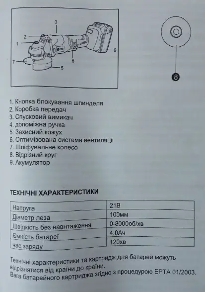 Потужна акумуляторна болгарка Edon UAG-21A (АКБ 2шт 4.0Ah 21В и ЗП) - зображення 3