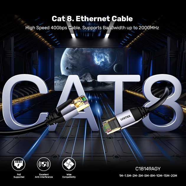 Kabel Unitek Cat 8 Ethernet Cable 15 m Black (C18149AGY03-15M) - obraz 3