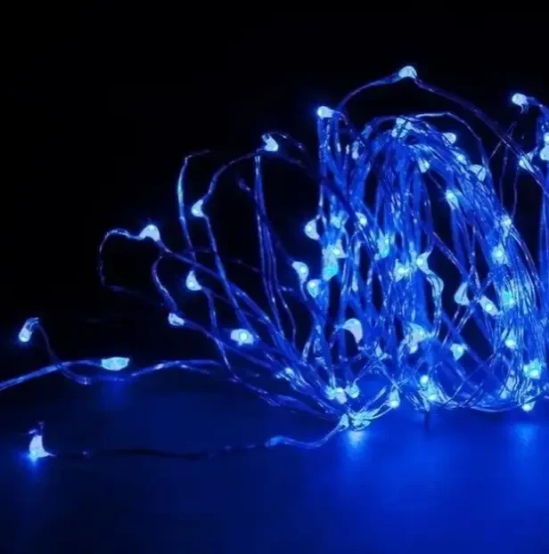 Гирлянда праздничная работает от батареек и USB-цвет синий 100 Led 10m на медной проволоке (Капля росы) - изображение 4