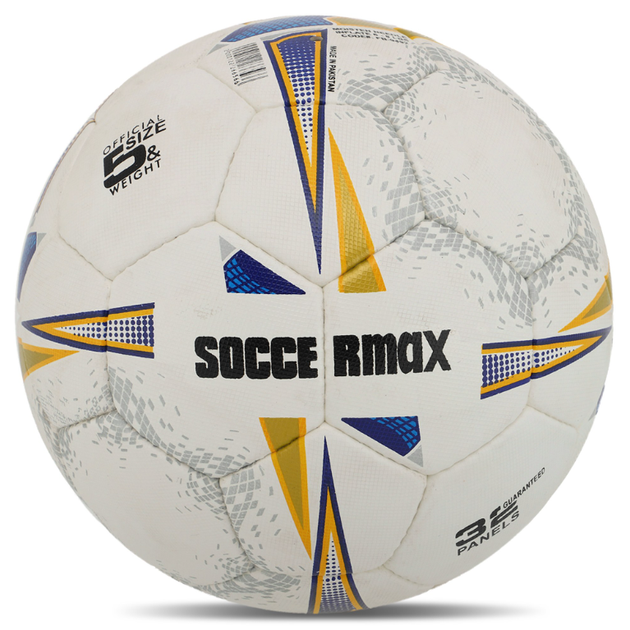 М'яч футбольний професійний ручне прошиття, ламінований №5 PU SOCCERMAX FB-9492 (PU, біло-синьо-золотий) - изображение 3