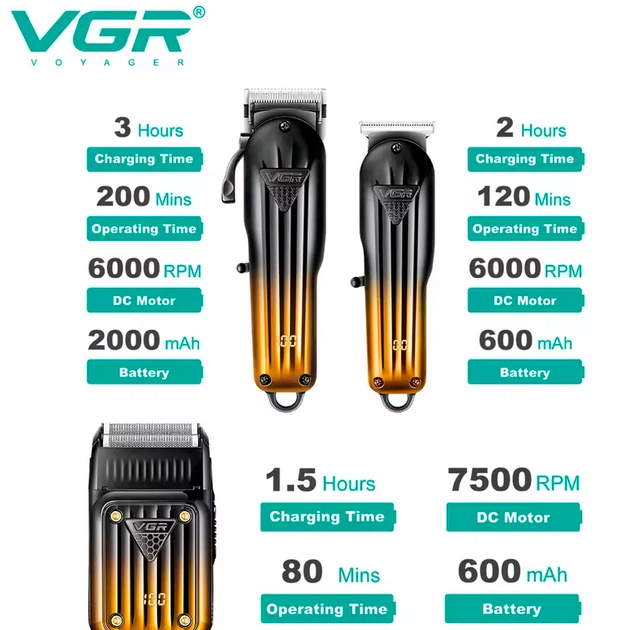 Набор для стрижки волос, бороды и усов 3в1 с USB VGR V-644 Pro Черный + Масло - изображение 4