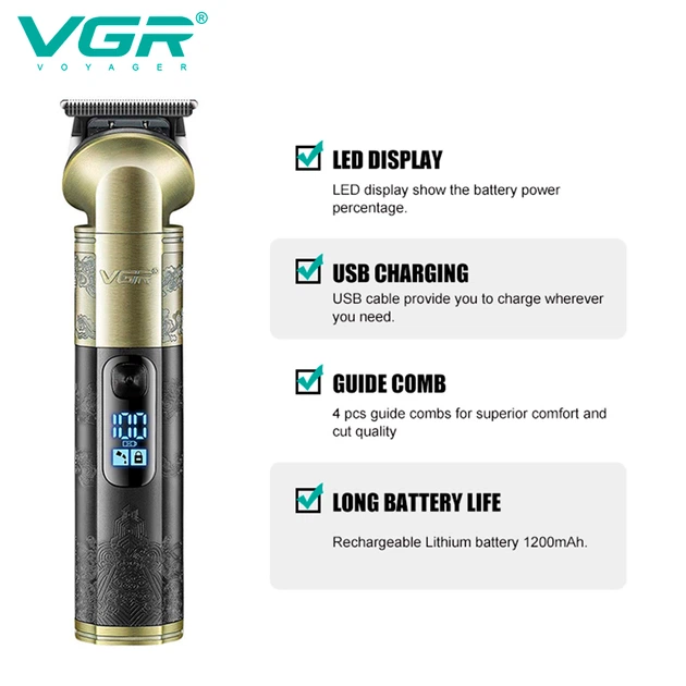 Аккумуляторный триммер для стрижки бороды и усов с USB и LED-дисплеем VGR V-296 Pro Золотистый + Масло - изображение 6