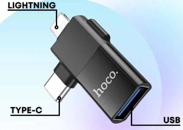 Переходник HOCO UA17 2 в 1 Lightning /TYPE-C ->OTG (USB 2.0) адаптер для подключения флешки к телефону Черный - изображение 4