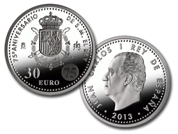 Монета Испания 30 евро 2013 Серебро UNC 75 лет Королю Хуан Карлосу I (Ag 925, 18 грамм) - Фото 2 Монета Испания 30 евро 2013 Серебро UNC 75 лет Королю Хуан Карлосу I (Ag 925, 18 грамм) - изображение 2