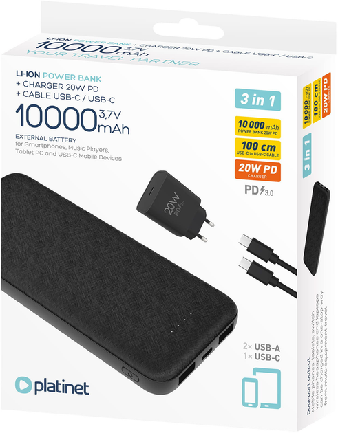 УМБ Platinet 10000 mAh + Зарядний пристрій PD 20W Black (PMPB10SETB) - зображення 3
