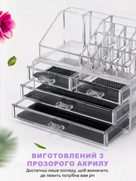 Органайзер подставка для косметики, канцелярии и рукоделия на 20 отделений настольный с 4 ящичками Прозрачный - изображение 2