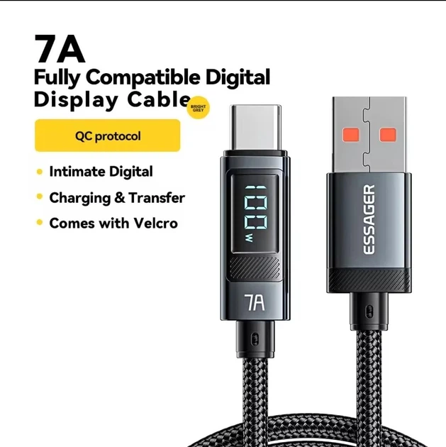 Кабель Essager USB to Type-C (v2), 100W 7A, 2м, з дисплеєм, AI чіп, 480 Мбіт/с, передача даних / зарядка, підвищеної міцності, Сірий - зображення 3