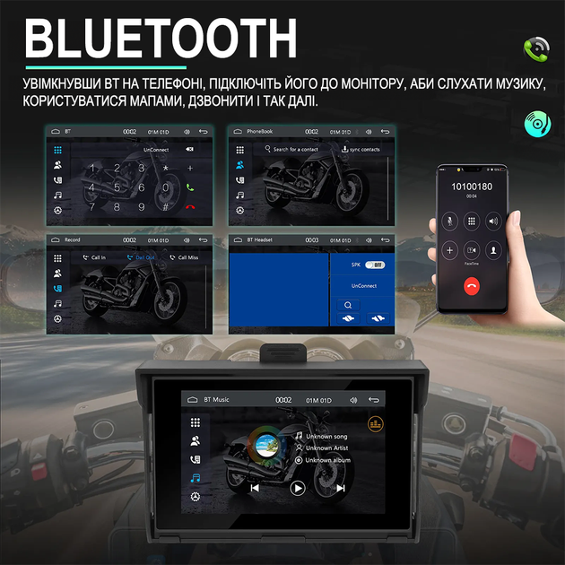 CarPlay Android Auto монітор для мотоцикла Podofo A3502, 5" сенсорний дисплей, Bluetooth, Wi-Fi, GPS - зображення 4
