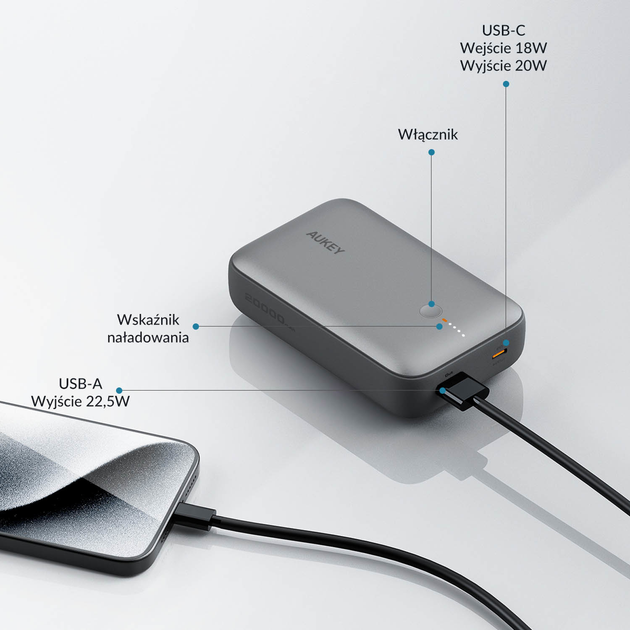 Powerbank AUKEY Spark Mini 20000 mAh, USB-C 22.5W, USB-A Silver (PB-Y57) - obraz 3