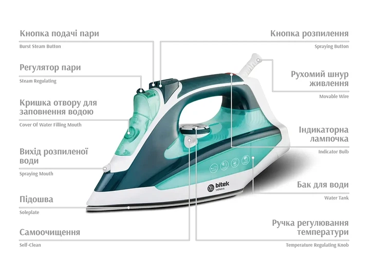 Паровой утюг BiTEK BT-1256G с керамической подошвой 2800Вт вертикальное отпаривание - Фото 4 Паровой утюг BiTEK BT-1256G с керамической подошвой 2800Вт вертикальное отпаривание - изображение 4