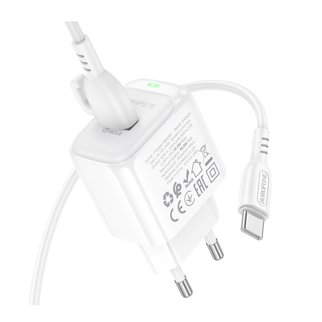 Сетевое зарядное устройство с кабелем BOROFONE BAS42A Potential single-port QC3.0 charger set(Type-C) 18W White 6941991113802 - изображение 6