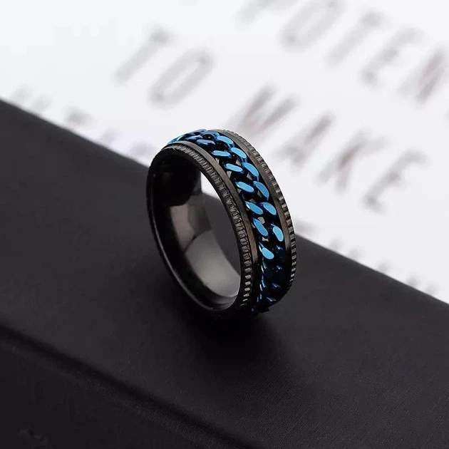 Кольцо Спинер черный с синей цепочкой посередине 18-го размера - изображение 3