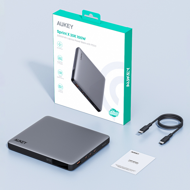 УМБ AUKEY 100W 20000mAh 3xUSB-C PD 3.0 Silver (PB-Y44) - зображення 13