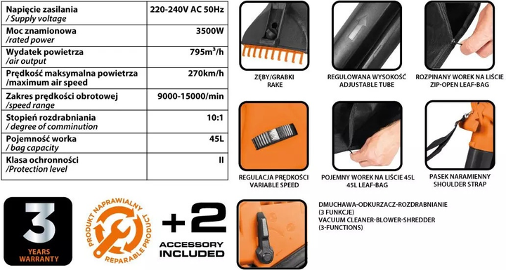 Пилосос для листя NEO Tools 3500 Вт мішок 45 л 04-624 (5906083089053)   - зображення 17