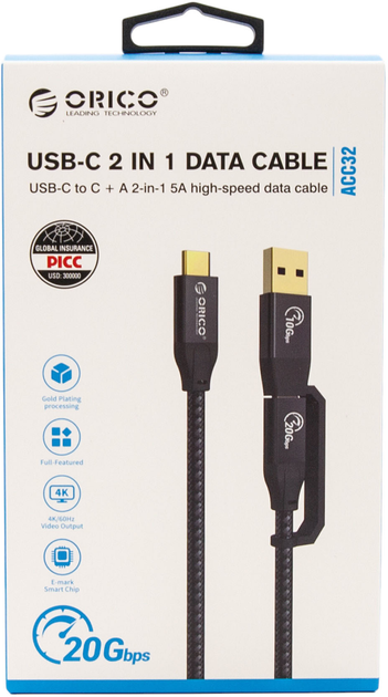 Кабель Orico USB-C + USB-A 3.2 4K 100W 0.3 м Black (ACC32-03-BK-BP) - зображення 3