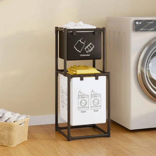 Напольная корзина для белья на 2 отделения 97х31х44 см, двухуровневый ящик для грязного белья SKLM-23-Black/White - изображение 1