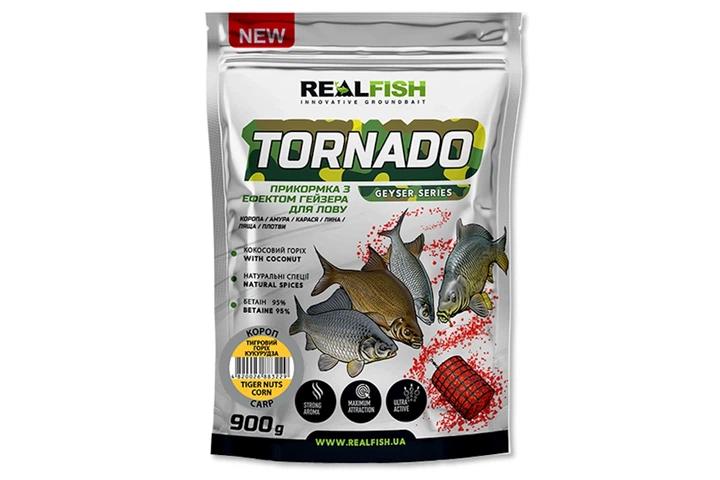 Прикормка Real Fish Торнадо Короп (Тигровий горіх-Кукурудза) 0.9кг (8203005003) - Фото 1 Прикормка Real Fish Торнадо Короп (Тигровий горіх-Кукурудза) 0.9кг (8203005003) - зображення 1