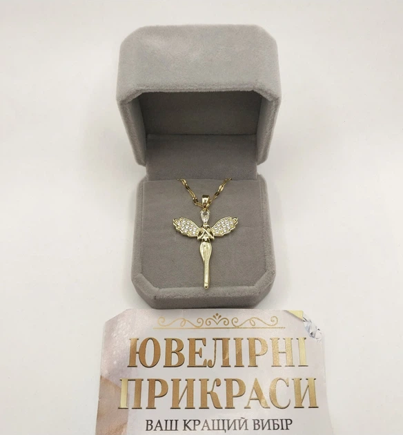 Кулон на ланцюжку "Янгол Охоронець" з прозорими цирконами ювелірна сталь з покриттям золотом Xuping Jewelry упакований у оксамитову коробочку (16236) - зображення 5