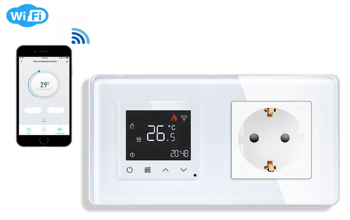 Стеклянный WiFi регулятор теплого пола с розеткой 1DAL Белый (G157D-TR.WF-ST.WT) - изображение 2
