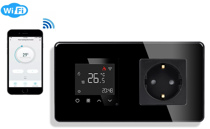 Стеклянный WiFi регулятор теплого пола с розеткой 1DAL Черный (G157D-TR.WF-ST.WT) - изображение 2