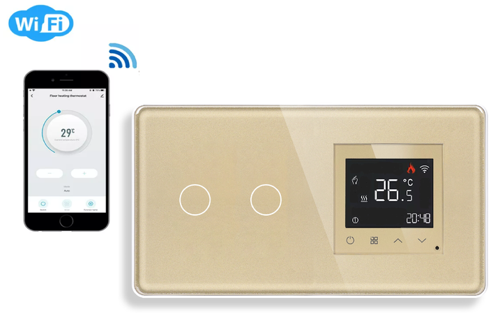 Стеклянный WiFi регулятор теплого пола с сенсорным выключателем 1DAL Золото, 2 сенсора (G157D-SW2G-TR.WF.GD) - Фото 2 Стеклянный WiFi регулятор теплого пола с сенсорным выключателем 1DAL Золото, 2 сенсора (G157D-SW2G-TR.WF.GD) - изображение 2