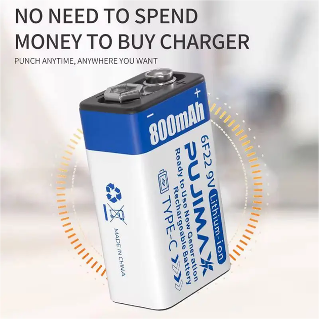 Аккумулятор крона PUJIMAX 9V 800mAh Li-Ion USB type-C комплект 2 шт - изображение 4