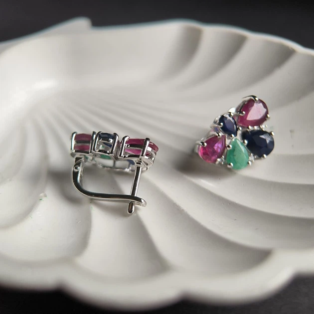 Срібні сережки з натуральним сапфіром 4.05ct, смарагдом рубіном (2182412) - зображення 3