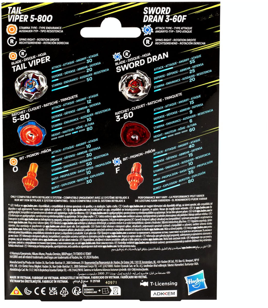 Zestaw zabawek Hasbro Beyblade X Tail Viper 5-80O i Sword Dran 3-60F Top Dual Pack G0197ES0 (5010996259295) - obraz 2