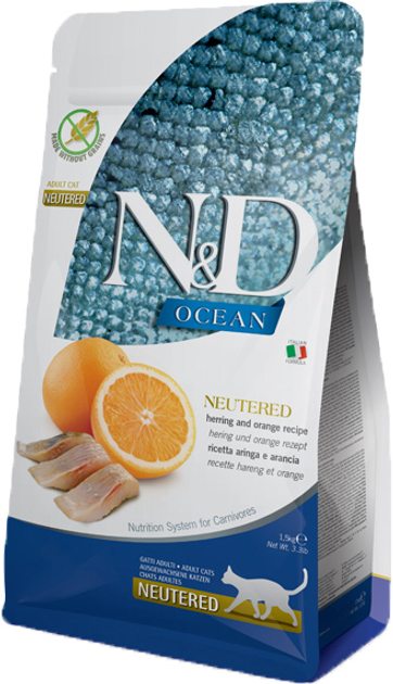 Беззерновий сухий корм Farmina N&D Ocean Herring & Orange Neutered для стерилізованих кішок та кастрованих котів з оселедцем та апельсином 5 кг (8010276040213) - зображення 1