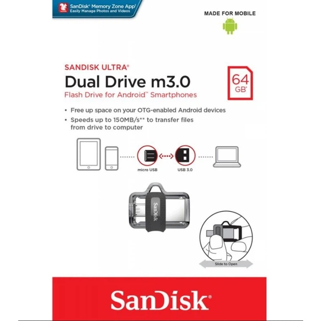 Флеш-накопичувач SanDisk USB 3.0 Ultra Dual OTG 64Gb (150 Mb/s) (SDDD3-064G-G46) - Фото 2 Флеш-накопичувач SanDisk USB 3.0 Ultra Dual OTG 64Gb (150 Mb/s) (SDDD3-064G-G46) - изображение 2