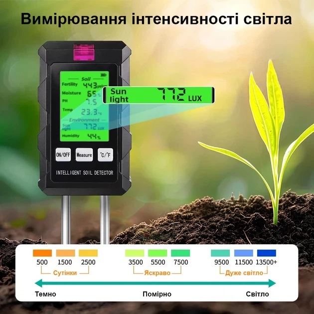 Аналізатор грунту, грунту 6в1 ST-03 (рН, температура, освітленість, плодородіння, вологість ґрунту та повітря) - Фото 8 Аналізатор грунту, грунту 6в1 ST-03 (рН, температура, освітленість, плодородіння, вологість ґрунту та повітря) - изображение 8