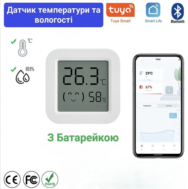 Датчик температуры и влажности Tuya TH05 Smart Life с батарейкой - изображение 3
