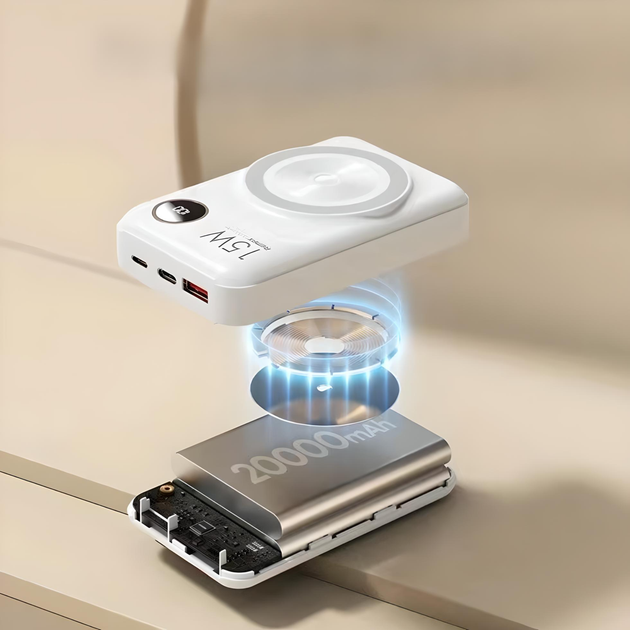 Портативний магнітний повербанк із вбудованими кабелями, Remax RPP-519, Power Bank MagSafe, 20000mAh, (white) - Фото 3 Портативний магнітний повербанк із вбудованими кабелями, Remax RPP-519, Power Bank MagSafe, 20000mAh, (white) - зображення 3