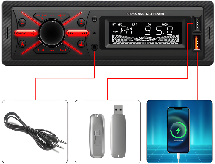 Автомагнитола Carwales с RGB-подсветкой Bluetooth, AUX и USB 1 din (JSD-950) - изображение 4
