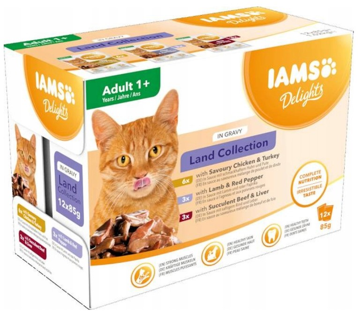 Opakowanie mokrej karmy dla kotów Iams Delights Land Collection Adult Mięsne smaki w sosie 12 x 85 g (8710255100418) - obraz 2