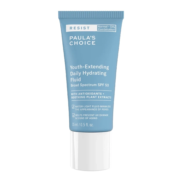 Зволожувальна емульсія Paula's Choice з SPF50 Resist Youth-Extending Daily Hydrating Fluid SPF50, 15ml - Фото 1 Зволожувальна емульсія Paula's Choice з SPF50 Resist Youth-Extending Daily Hydrating Fluid SPF50, 15ml - изображение 1