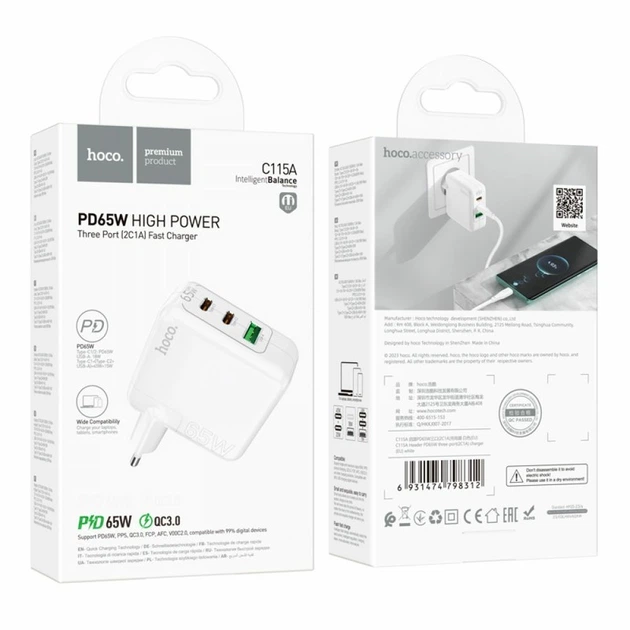 Зарядний пристрій Hoco C115A Header PD65W QC (2C1A) GAN White - изображение 7