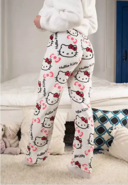 Пижамные плюшевые штаны женские с принтом Hello Kitty XXL белые - изображение 2