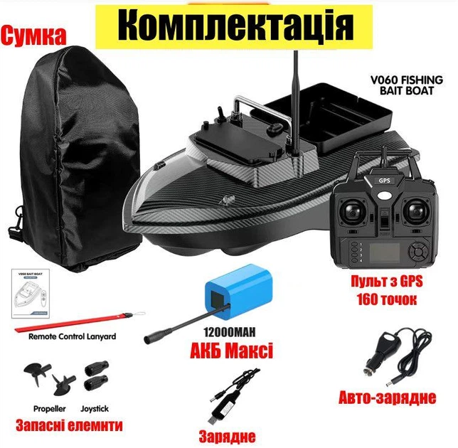 Кораблик для рибалки з GPS FLYTEC V060 короповий радіокерований катер для завезення підгодовування та снастей - максимальна комплектація, сумка у подарунок - Фото 2 Кораблик для рибалки з GPS FLYTEC V060 короповий радіокерований катер для завезення підгодовування та снастей - максимальна комплектація, сумка у подарунок - зображення 2