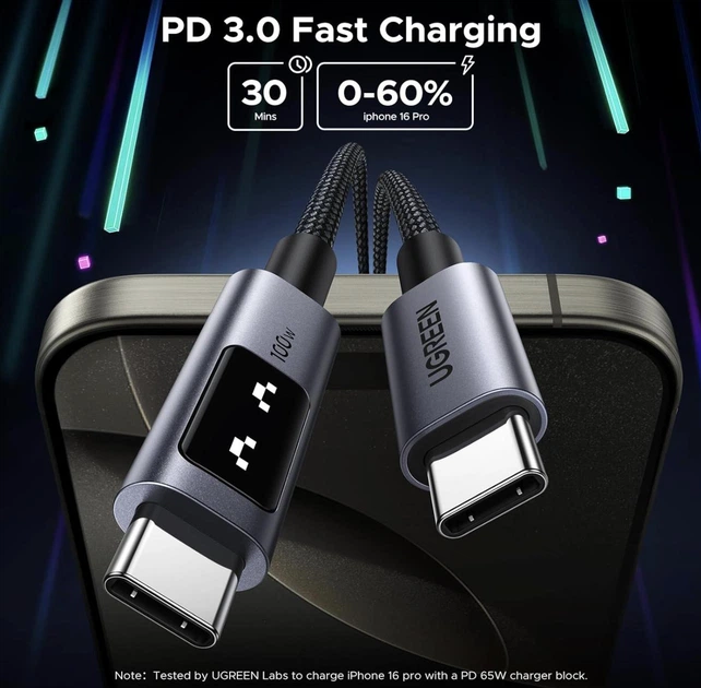 Кабель для зарядки UGREEN Uno USB-C to USB-C Cable 100W Fast Charging 2m - Black - Фото 3 Кабель для зарядки UGREEN Uno USB-C to USB-C Cable 100W Fast Charging 2m - Black - зображення 3