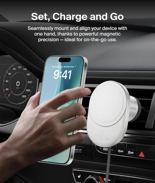 Автомобільний зарядний пристрій Belkin Car Charger PRO 15W MagSafe Qi2 - White - Фото 4 Автомобільний зарядний пристрій Belkin Car Charger PRO 15W MagSafe Qi2 - White - зображення 4