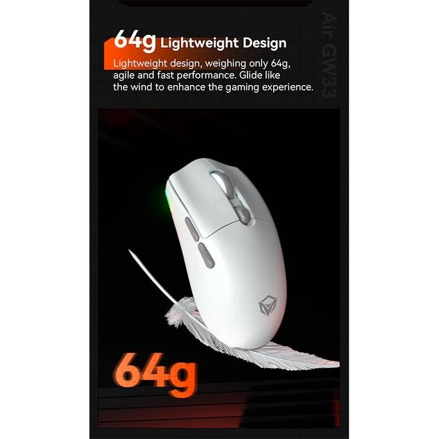 Ігрова бездротова миша MEETION Wired, 2.4G, Bluetooth Gaming mouse GW33, 6 Keys, 200-10000DPI, 650mAh, 25-60h, RGB, white - зображення 13