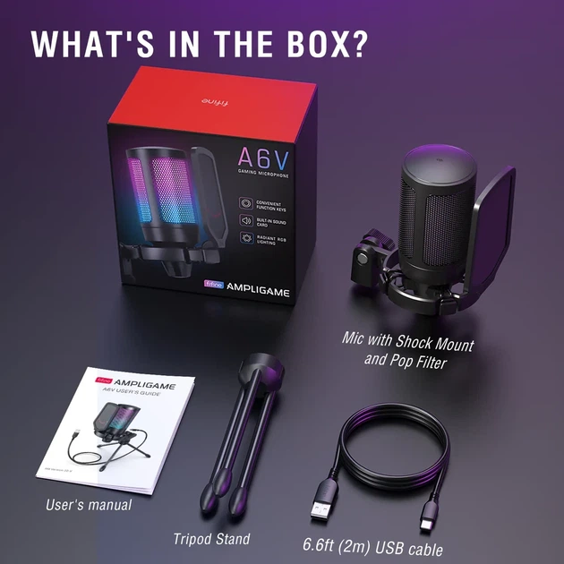 Мікрофон конденсаторний FIFINE AMPLIGAME A6V USB з RGB-підсвіткою Чорний/Black - Фото 6 Мікрофон конденсаторний FIFINE AMPLIGAME A6V USB з RGB-підсвіткою Чорний/Black - зображення 6