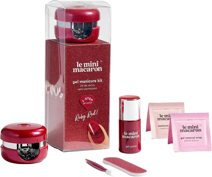 Zestaw do manicure Le Mini Macaron Lampa LED z kablem USB + Lakier żelowy Ruby Red 8.5 ml + Przycisk do skórek + Mini pilnik do paznokci + 10 Opakowań zmywacza do lakieru żelowego (3760297542955) - obraz 1